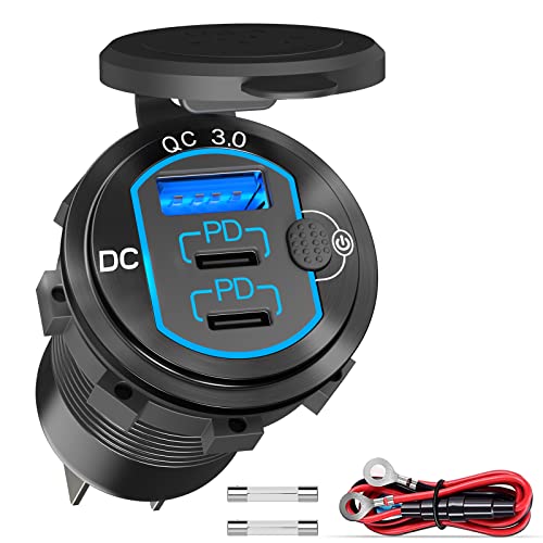 12V USB Outlet 78W for iPhone Qidoe Dual 60W PD&18W QC3.0 Dual USB Charger Socket with Switch Waterproof Aluminum Power Outlet for Marine Motorcycle Truck