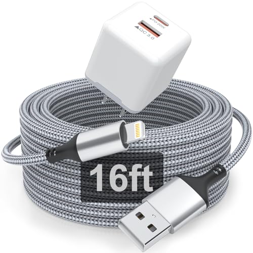16 FT Extra Long iPhone Charger Cord, [Apple MFi Certified] with Dual Port 20W PD + QC 3.0 Wall Charger Plug, Nylon Braided Fast Charging Lightning Cable for iPhone 14/13/12/11 Pro Max XS XR X, iPad
