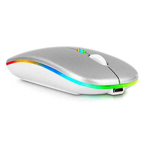 2.4GHz & Bluetooth Mouse, Rechargeable Wireless Mouse for Tecno Spark 6 Go Bluetooth Wireless Mouse for Laptop / PC / Mac / Computer / Tablet / Android RGB LED Silver