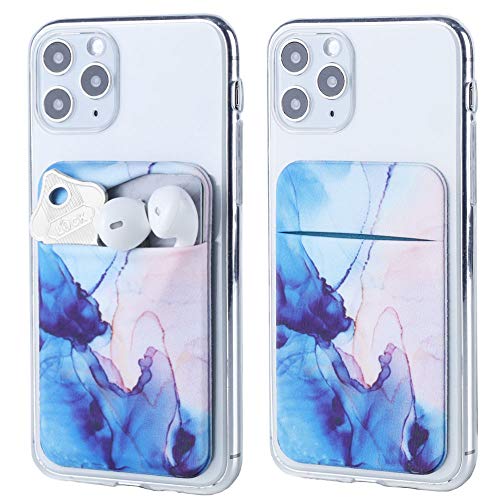 2Pack Adhesive Phone Pocket,Cell Phone Stick On Card Wallet Sleeve,Credit Cards/ID Card Holder(Double Secure) with Sticker for Back of iPhone,Android and All Smartphones (Watercolor Marble Blue)