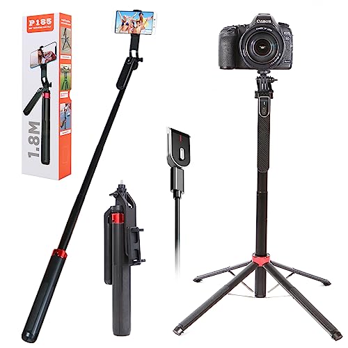 71" Tall Selfie Stick Tripod with Remote, Upgrade Aluminum Alloy Quadripod, Extendable Anti-Shake Selfie Stick with Balance Handle 1/4 Screw, Compatible with iPhone/Android/GoPro/Insta360