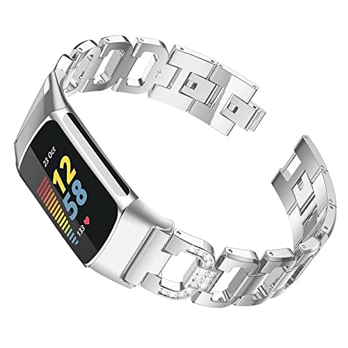 Abanen Bling Bands for Fitbit Charge 6 / Charge 5, Alloy Crystal Bands Adjustable Women Hollow Lightweight Wristbands Strap Bracelet for Fitbit Charge 5 Advanced Tracker (Silver)