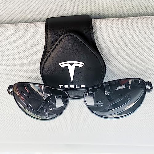 ABSWER Sunglasses Holder for Tesla Car Sun Visor Leather Glasses Frame Eyeglass Hanger Mount Card Clip for Model 3/Y/X/S Car Accessories