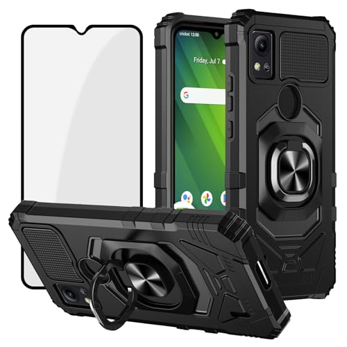 Ailiber Case for Cricket Icon 5, ATT Motivate 4 Case with Screen Protector Tempered Glass, Ring Kickstand for Magnetic Car Mount, Heavy Duty, Shockproof Durable Protective Phone Cover for Icon 5-Black