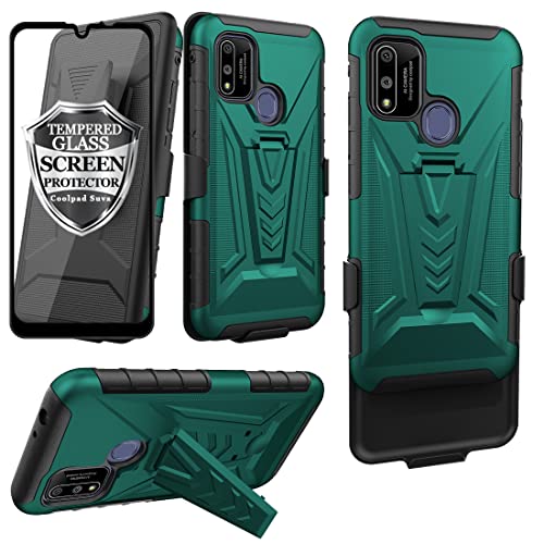 Ailiber Compatible with Coolpad SUVA Case, Coolpad SUVA(Boost Mobile) Case Holster with Screen Protector, Swivel Belt Clip Holster with Kickstand, Heavy Duty Full Body Shockproof Cover for SUVA-Green
