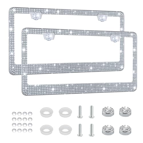 Amiss Bling License Plate Frame for Women, 2Pack Rhinestone Handcrafted Crystal Premium Stainless Steel, Stainless Steel Car Accessories with Diamond Sparkle Glitter Caps (White)