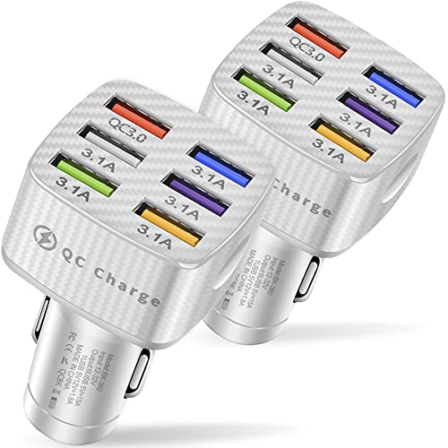 Amiss Car Charger Adapter, 6 USB Multi Port, Fast Charger, Include QC 3.0 and 5 Other Ports, Car Interior Accessories, Fit for iPhone 13/12/11/pro, Samsung Galaxy/Note S10/S9/S8 - White（2PCS）