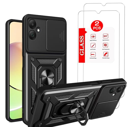 Anvzle for Samsung Galaxy A05 Case with [2 Pack] Tempered Glass Screen Protector, Galaxy A05 Case [Military-Grade] Protective，with Lens Protects Magnetic Kickstand Car Mount Holder Phone Case (Black)