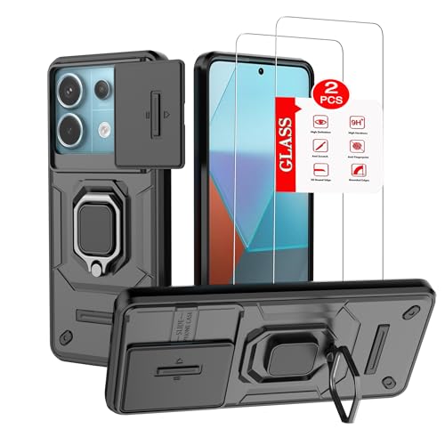 Anvzle for XiaoMi RedMi Note 13 PRO Case with [2 Pack] Tempered Glass Screen Protector, XiaoMi RedMi Note 13 PRO [Military-Grade] Protective Armor，Lens Protects Magnetic Kickstand Case (Black)