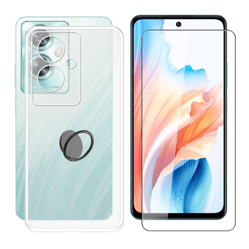 AQGG Case for Oppo A79 5G CPH2553 (6.72") with Tempered Glass Screen Protector, [with 360 Degree Rotation Finger Ring Kickstand] Slim Soft Anti-Scratch TPU Phone Cover for Oppo A79 5G CPH2553