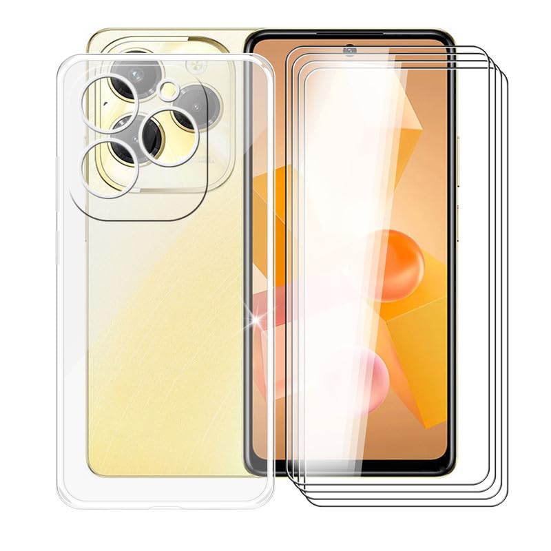 AQGGIIXY 4 Pack Tempered Glass Film + Cover for Infinix Hot 40 Pro (6.78"), 9H Hardness Screen Protector and Soft Silicone Case Bumper Transparent Protective TPU Cases - Clear