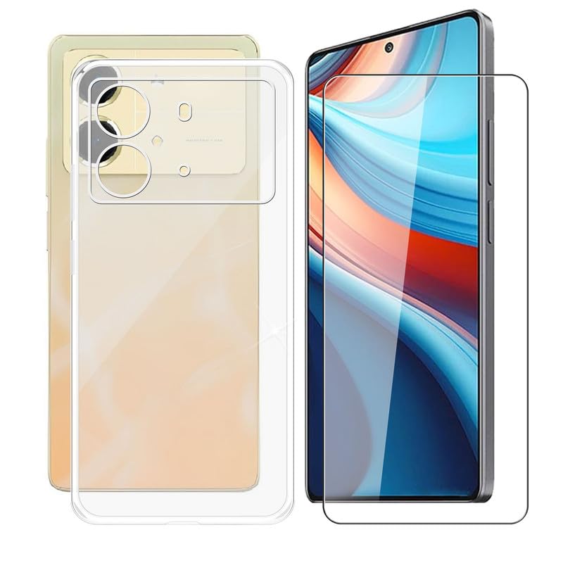 AQGGIIXY Tempered Glass Film + Cover for Xiaomi Redmi Note 13R Pro (6.67"), 9H Hardness Screen Protector and Soft Silicone Case Bumper Transparent Protective TPU Cases - Clear