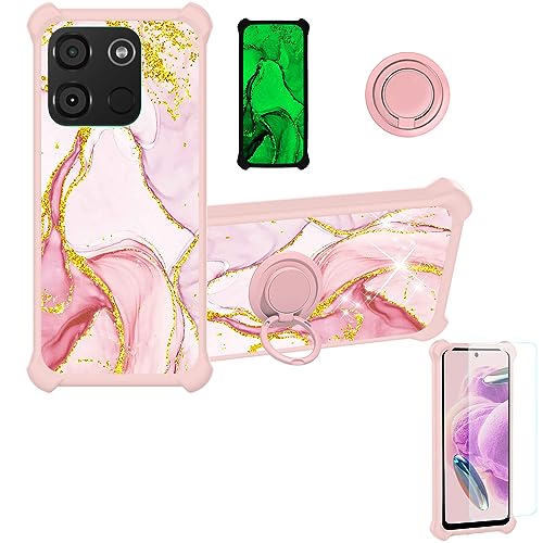 Aroepurt Case for Itel A60 Case Compatible with Itel A60 Phone Case Cover [with Tempered Glass Screen Protector][Hard PC + Soft Silicone][Ring Support] [Gold Glitter+Luminous] JSF-FDL