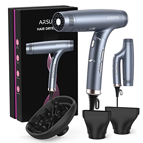 Arsupen Professional Hair Dryer with Powerful Brushless Motor, Lightweight Foldable Dual Ionic Blow Dryer, High Speed for Fast Drying with Magnetic Nozzle, 12 Modes, Super Quiet, for Travel Salon Home