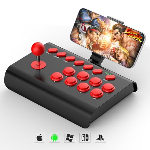 arVin Wireless Arcade Fight Stick Joystick Controller for iPhone iOS Android PC Switch PS3 PS4 Arcade Rocker Gamepad with Turbo, Marco Programming, Phone Holder, for Emulators/Cloud Gaming/NeoGeo mini