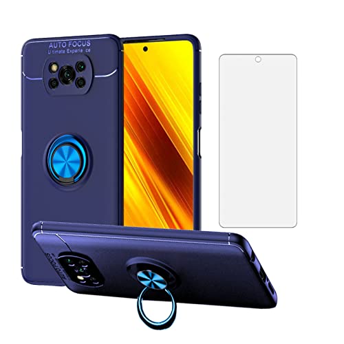 Asuwish Compatible with Xiaomi Poco X3 Pro/PocoX3 NFC/Poco X3 Case and Tempered Glass Screen Protector Ring Holder Stand Kickstand Protective Phone Covers for Mi PocoX3NFC Pocco X 3 3X PocoX3Pro Blue