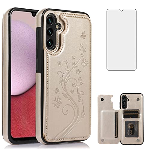 Asuwish Phone Case for Samsung Galaxy A14 5G with Tempered Glass Screen Protector Card Holder Wallet Cover Stand Flip Leather Cell Accessories Glaxay M14 A 14 4G 14A 14M G5 Cases Women Men Golden
