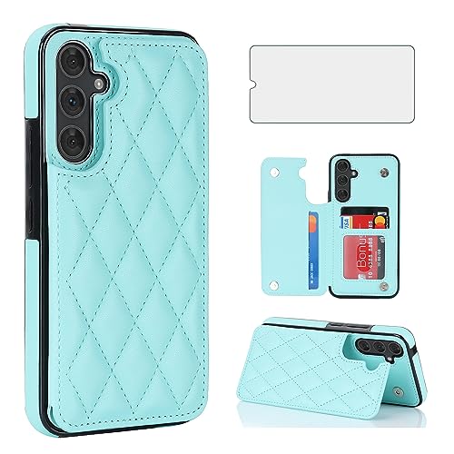 Asuwish Phone Case for Samsung Galaxy A14/M14 5G Wallet Cover with Tempered Glass Screen Protector and Leather RFID Credit Card Holder Stand Slot Cell Accessories A 14 4G 14A 14M G5 Women Mint Green