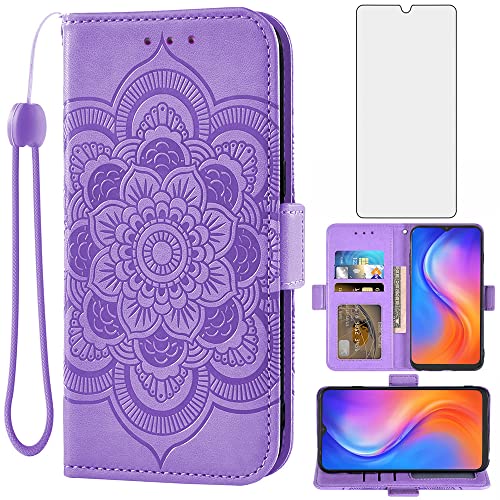 Asuwish Phone Case for Tecno Spark 6 Go Wallet Cover with Tempered Glass Screen Protector and Leather Flip Credit Card Holder Stand Flower Folio Cell Accessories Spark Go 2020 2021 Women Men Purple