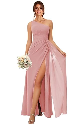 Augday Women's Dusty Rose Bridesmaid Dresses for Wedding 2024 Ruffle Chiffon A Line One Shoulder Bridesmiad Dress for Women Size 6