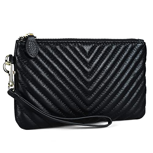 befen Women's Genuine Full Grain Leather Wristlet Clutch Wallet, Smartphone Wristlet Purse Signature Wallet- Black Chevron Quilted