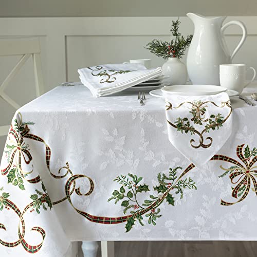Benson Mills Merry Ribbons Engineered Printed Jacquard Fabric Christmas Table Cloth, Elegant Christmas Tablecloth for All Holiday and Winter (60" x 120" Rectangular)