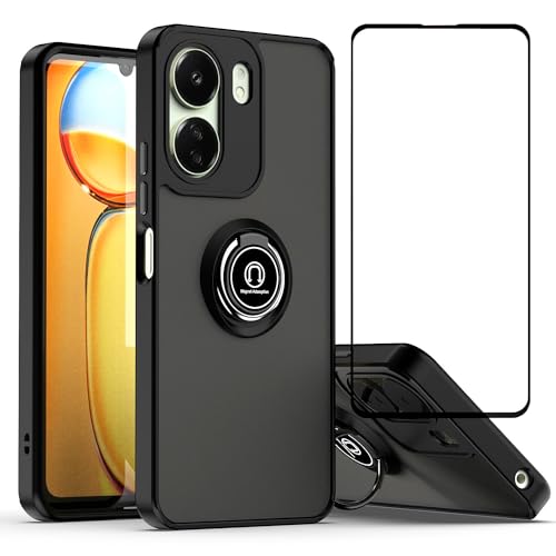 BIOPLJ Case for Xiaomi Poco C65 Hard Wearing Case with Tempered Glass Armor Shockproof Case 360 Ring Stand Camera Protector Cover Redmi 13C (Black)