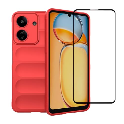 BIOPLJ Case for Xiaomi Poco C65 Heavy Duty Protective Case with Tempered Glass [Slim Fit] Shock Proof Soft Flexible Shock-Absorption TPU Case for Redmi 13C Case (Red B)