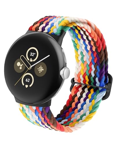 BlackPRO Braided Bands Solo Loop Compatible with Google Pixel Watch / Pixel Watch 2, Adjustable Stretchy Nylon Elastic Straps with Upgraded Connector for Google Pixel Watch Wristbands for Women Men, Rainbow