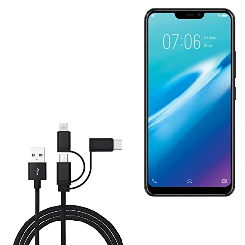 BoxWave Cable Compatible with vivo Y81i - AllCharge 3-in-1 Cable for vivo Y81i - Jet Black