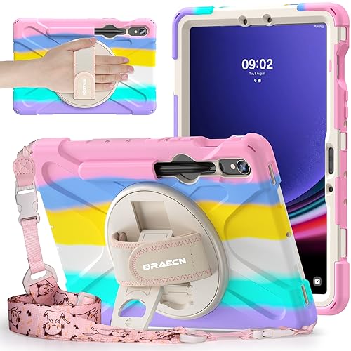 BRAECNstock Kids Case for Samsung Galaxy Tab S9/S8/S7 11 inch 2023/2022/2020,S9 FE 10.9 inch 2023,Shockproof Protective Tab S9/S8/S7 Kids Cover with Pen Holder,Rotating Hand Strap&Stand,Colorful Pink