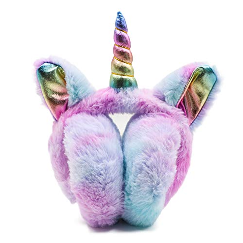 BUTITNOW Cute Rainbow Unicorn Earmuffs for Women Kids Girls, Foldable Warm Soft Plush Comfortable Outdoor Winter Ear Warmers