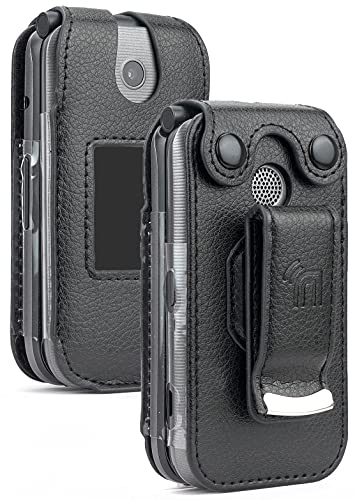Case for Coolpad Belleza Flip Phone, Nakedcellphone [Black Vegan Leather] Form-Fit Cover with [Built-in Screen Protection] and [Metal Belt Clip] for CP3321AT