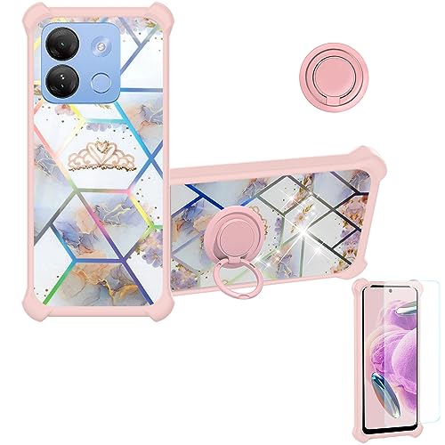 Case For Infinix SMART 7 HD Case Compatible with Infinix SMART 7 HD Phone Case Cover [with Tempered Glass Screen Protector][Hard PC + Soft Silicone][Ring Support] [Colorful Reflect Light] IMDF-HG