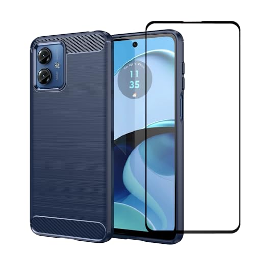 Case for Motorola Moto G54 5G Heavy Duty Protective with Tempered Glass [Slim Fit] Brushed Texture Shockproof Military Protective Design Soft Shock-Absorption Case Moto G54 Case (Blue)