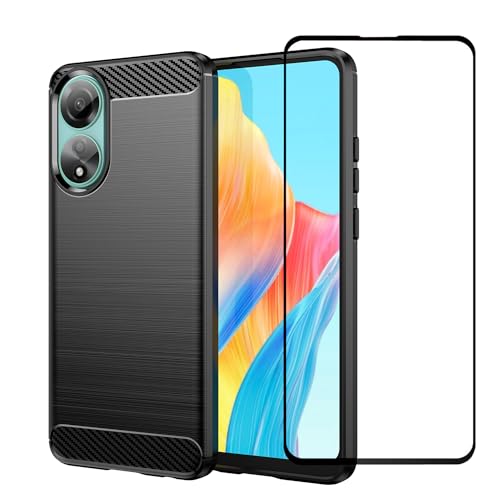 Case for OPPO A78 4G Heavy Duty Protective with Tempered Glass [Slim Fit] [Brushed Texture] Shockproof Military Protective Design Soft Flexible Shock-Absorption TPU OPPO A78 Case (Black)