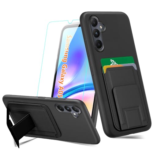 Case for Samsung Galaxy A05S Phone Case with Tempered Glass Screen Protector, Folding Kickstand/Stand Wallet Card Holder/ Slots Silicone TPU Shockproof Protective Case for Galaxy A05S 2023 - Black