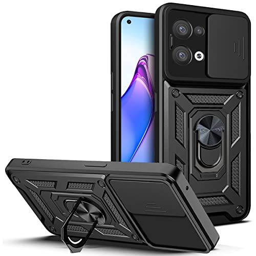 CCSmall Case for Oppo Reno8 5G (NOT 4G) with Slide Camera Cover, Military Grade Drop Protective Phone Cover Case with Ring Kickstand for Oppo Reno 8 5G SJ Black