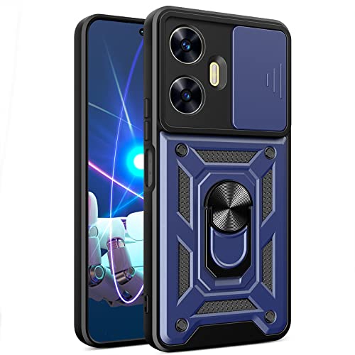 CCSmall for Realme C55 4G Case with Slide Camera Cover for Men, Military Grade Drop Protective Phone Cover Case with Ring Kickstand for Realme C55 4G SJ Blue
