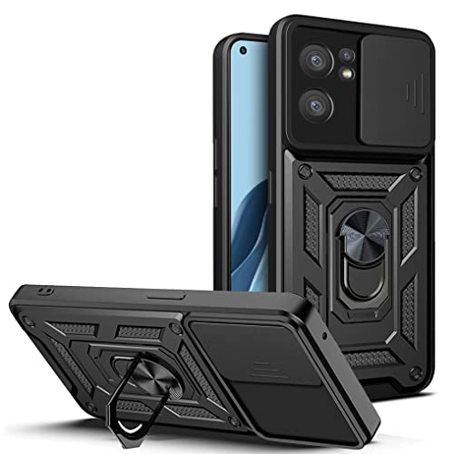 CCSmall Sturdy Case for Oppo Reno7 5G with Slide Camera Window, Heavy Duty Military Grade Protection Phone Cover Built-in 360°Rotate Ring Stand for Oppo Reno7 5G SJ Black