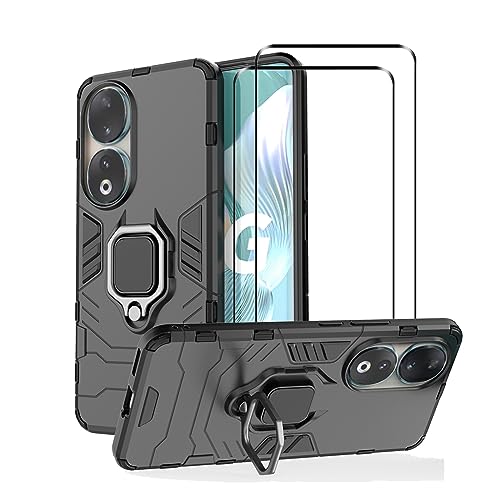 CNPUTAO Compatible with Honor 90 5G Case Kickstand with Tempered Glass Screen Protector [2 pcs], Hybrid Heavy Duty Armor Dual Layer Anti-Scratch Phone Case Cover, Black