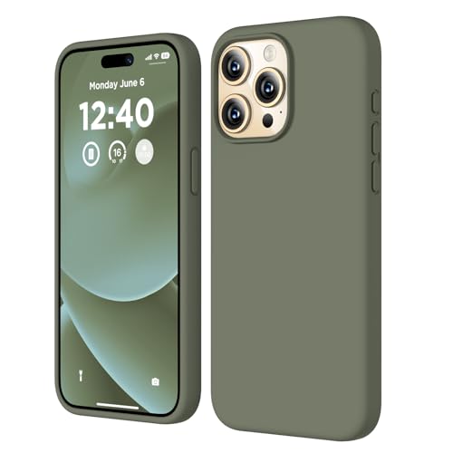 COFFKER Compatible con iPhone 15 Pro, funda de silicona líquida, funda protectora de cuerpo completo a prueba de golpes, delgada, con forro de microfibra suave antiarañazos, 6,1 pulgadas, color verde oliva