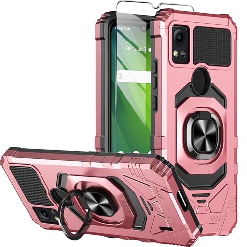 Compatible for Cricket Icon 5 Case (5th Version), AT&T Motivate 4 Case (4th Version) with Tempered Glass Screen Protector,Ring Kickstand,Military Grade Heavy Duty Shockproof Protective Cover (Pink)