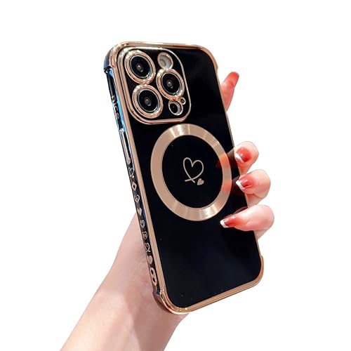 Compatible con iPhone 15 Pro Max Case 2023, Hosgor compatible con MagSafe Heart Plating Camera Protection Phone Case para mujeres y niñas a prueba de golpes compatible con iPhone 15 Pro Max Case 6.7 pulgadas (negro)