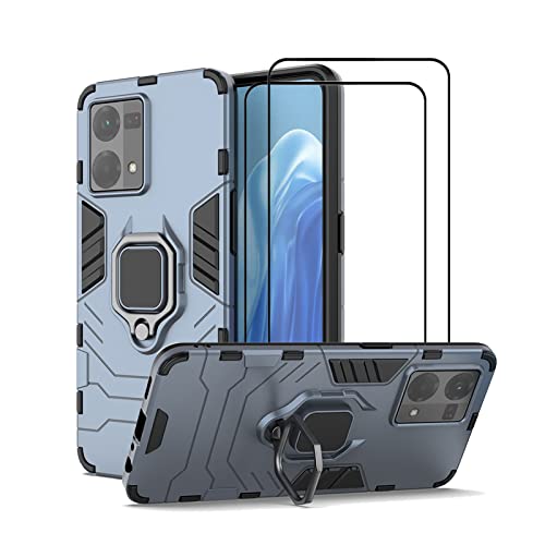 Compatible with Oppo Reno 7 4G Case Kickstand with Tempered Glass Screen Protector [2 Pieces], Hybrid Heavy Duty Armor Dual Layer Anti-Scratch Phone Case Cover, Blue