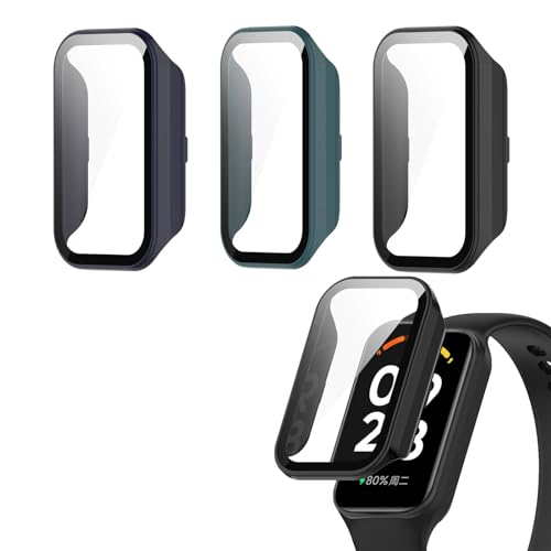 Compatible with Xiaomi Smart Band 8 Active Protective Case, Full Cover Shell with Tempered Glass Screen Protection for Xiaomi Smart Band 8 Active Accessories (Black+Blue+Green)