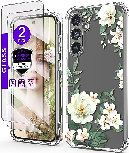 DagoRoo for Galaxy S23 FE 5G Case with Tempered Glass Screen Protector[2 Pack],Crystal Clear Flower Pattern Slim Flexible TPU Reinforced Corners Shock-Absorption Case Cover for Samsung S23 FE-Magnolia