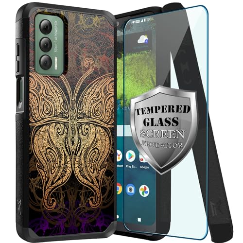 DALUX MetKase Hybrid Slim Phone Case with Screen Protector Compatible with Cricket Outlast 5G / AT&T Jetmore (2023) - Brown Butterfly Mandala
