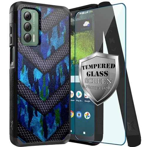 DALUX MetKase Hybrid Slim Phone Case with Screen Protector Compatible with Cricket Outlast 5G / AT&T Jetmore (2023) - Blue Camo Badge