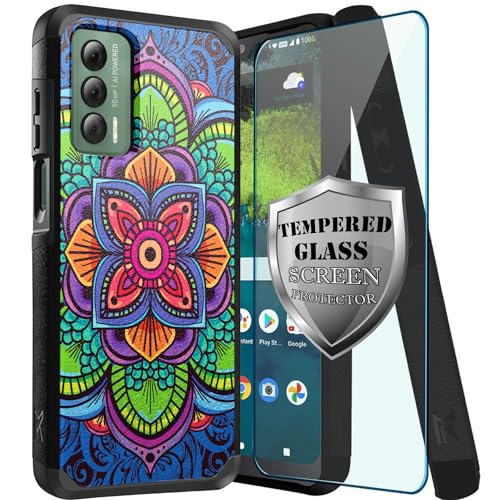 DALUX MetKase Hybrid Slim Phone Case with Screen Protector Compatible with Cricket Outlast 5G / AT&T Jetmore (2023) - Blue Flower Mandala